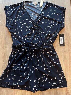 Navy Bird Print V-Neck Romper